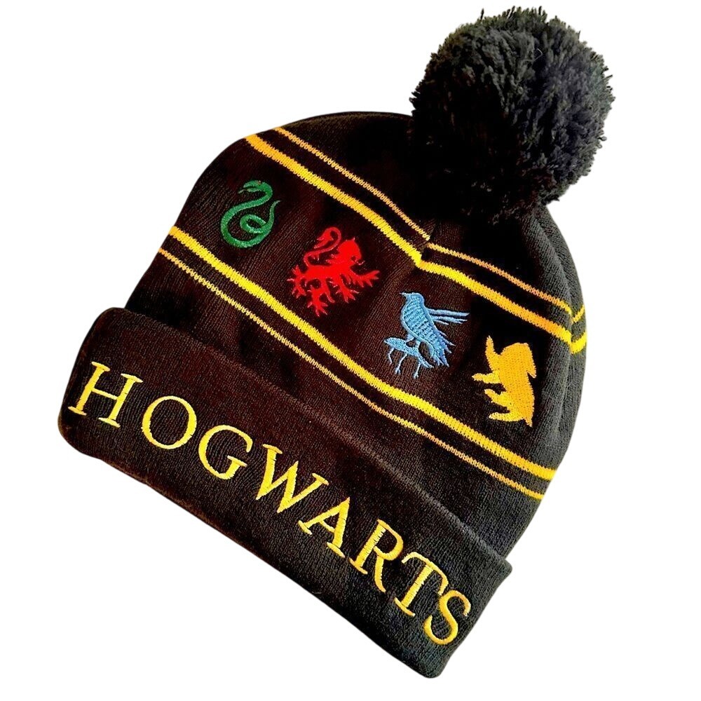 Vintage 2009 Harry Potter Hogwarts Black‎ Embroidered Beanie Pom Pom Winter Hat